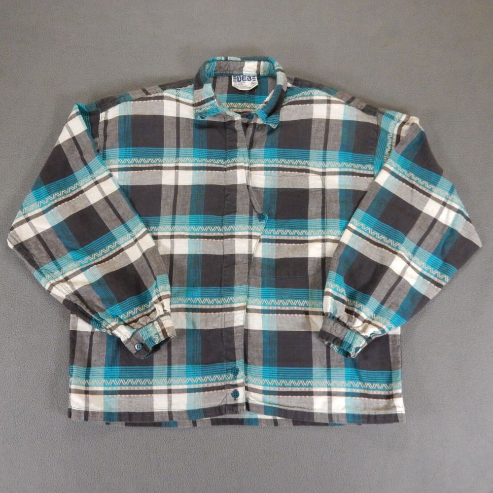Vintage DEB Womens Shirt Med Teal Plaid Shoulder Pads Southwest Cowgirl Cropped